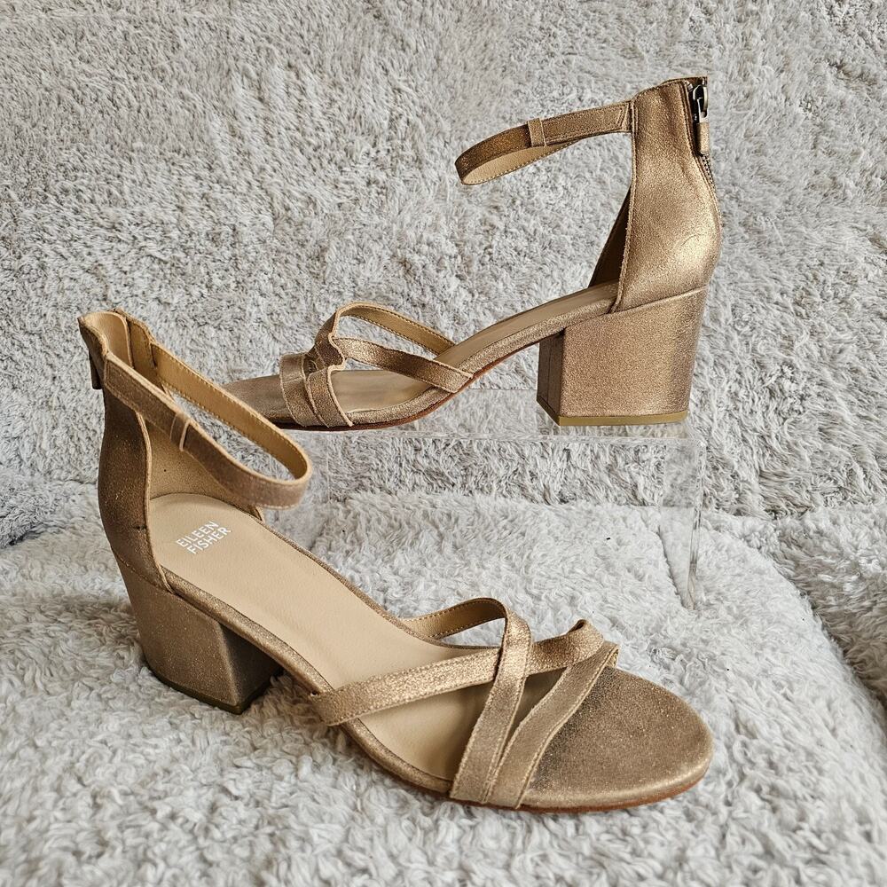 NEW Eileen Fisher Womens Kirby Sandals Block Heel Leather‎ Metallic Gold Shoe 12